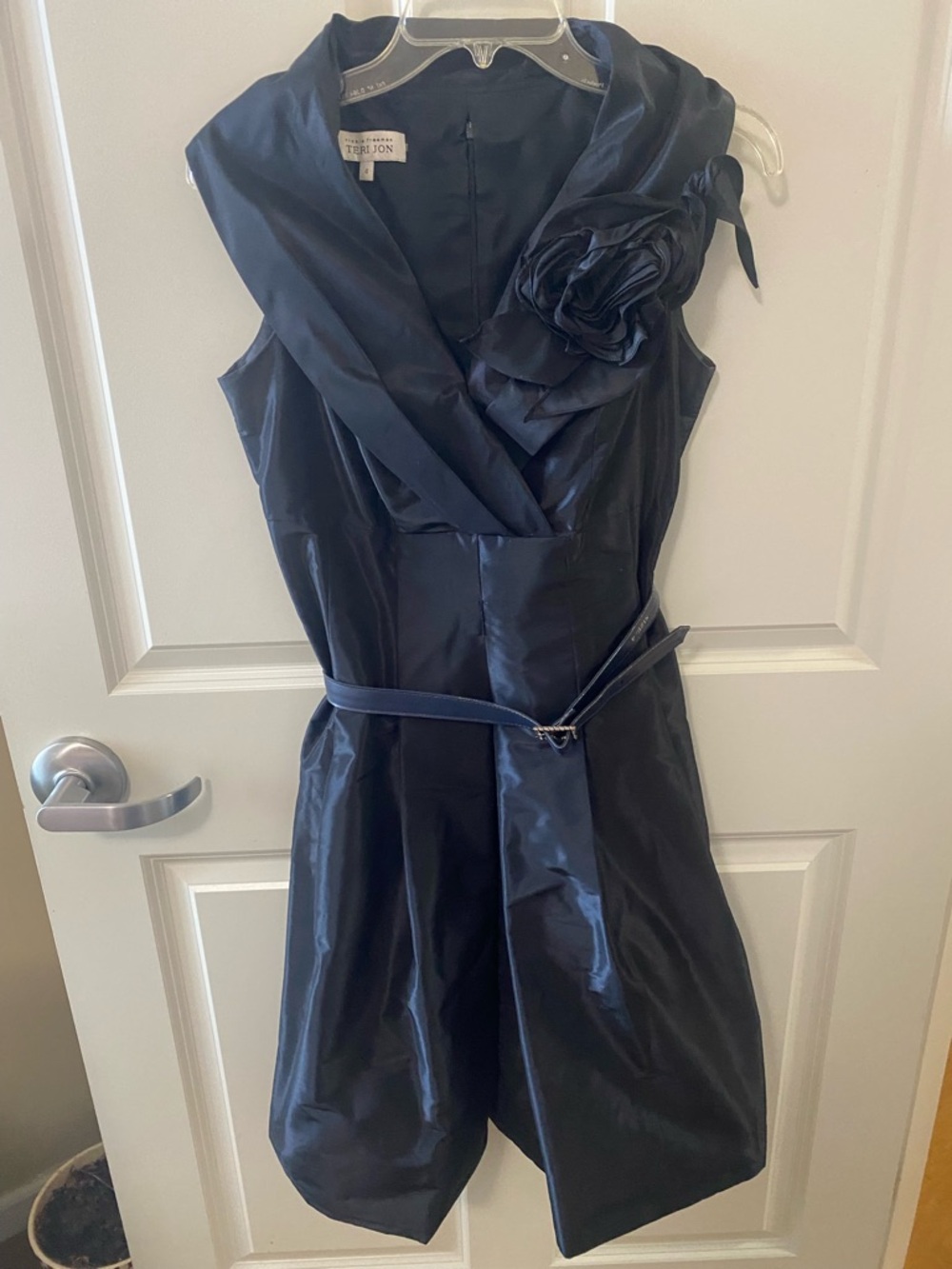 Teri Jon Navy Designer Rosetta Semi Formal Luxury Dress with Belt - Picture 8 of 8